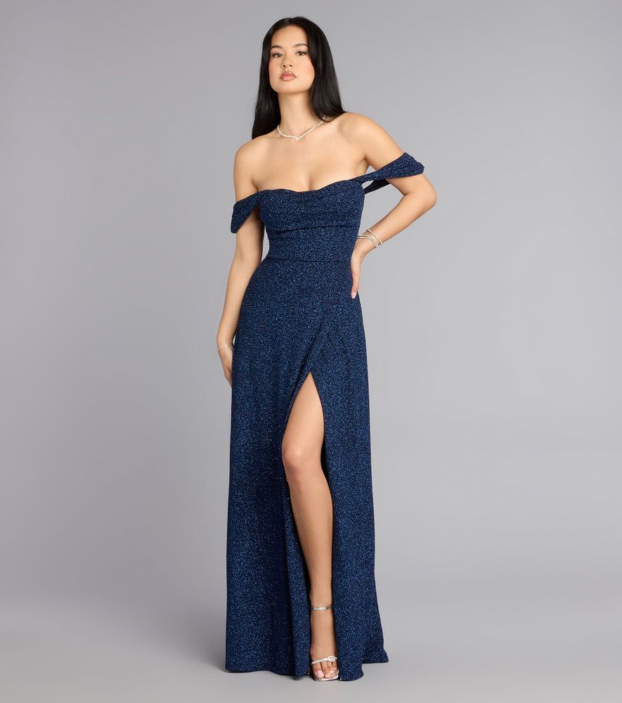 Navy Blue Off-Shoulder Sparkly Dress with High Slit — Military Ball Dresses