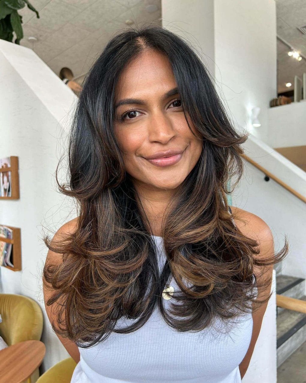 Layered Dark Brown With Caramel Highlights — Long Layered Hair