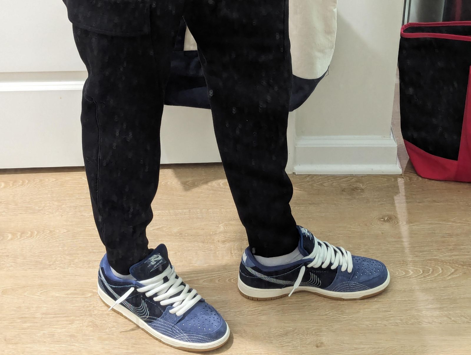 Navy Suede Dunks with Textured Trousers Navy Suede Dunks with Textured Trousers — Nike Dunk Outfits