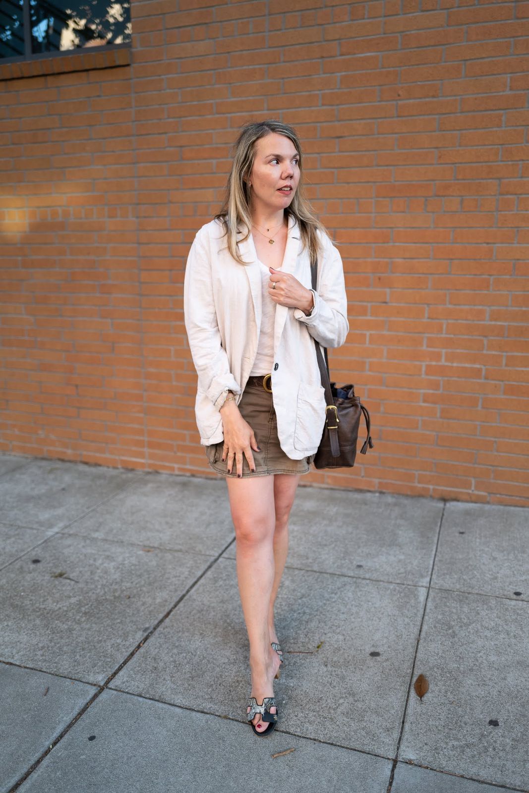 Olive Green Cargo Mini Skirt with Linen Blazer — Cargo Skirt Outfits