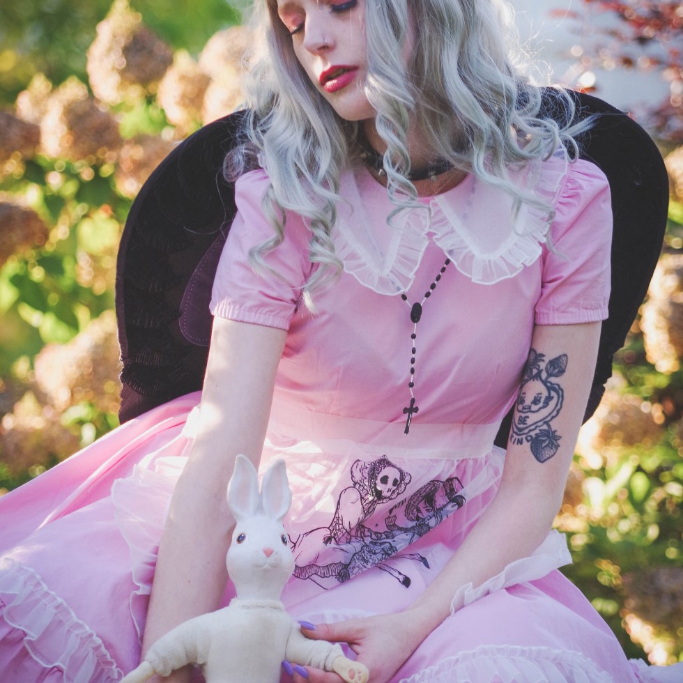 Kawaii Babydoll Dress with Black Wings and Rosary — Angelcore Outfits