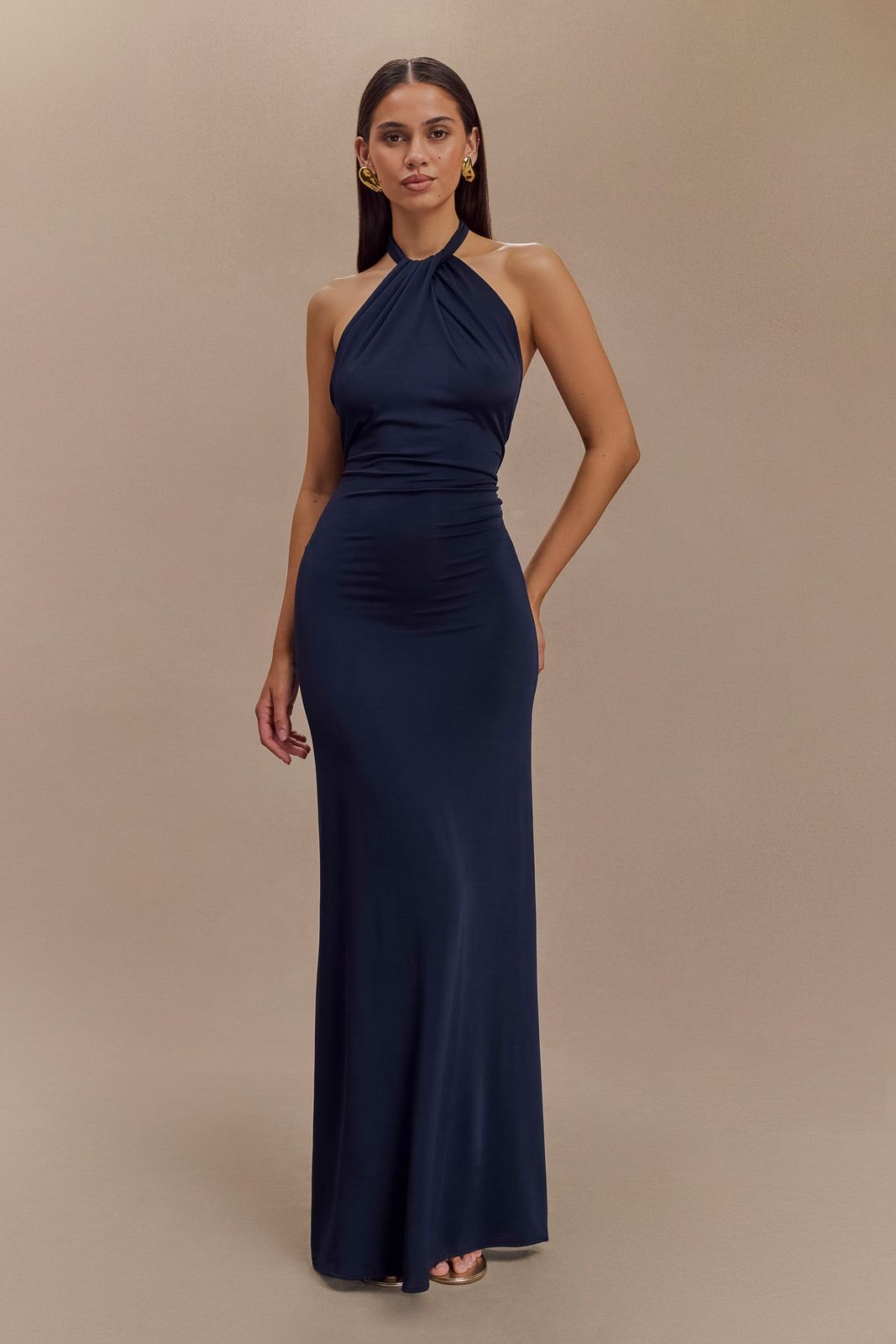 Navy Slinky Halter Maxi Dress for Evening — Halter Dresses