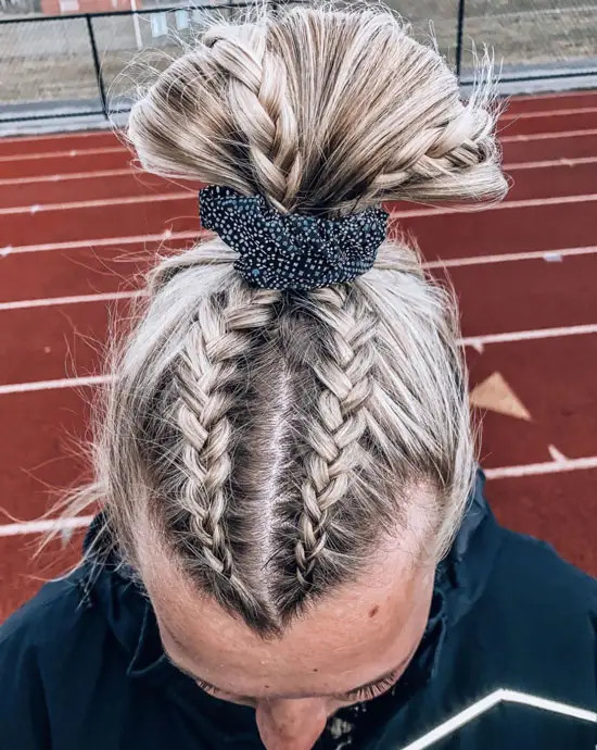 Ash Blonde High Bun with Scalp Braids — Gymnastics Hairstyles