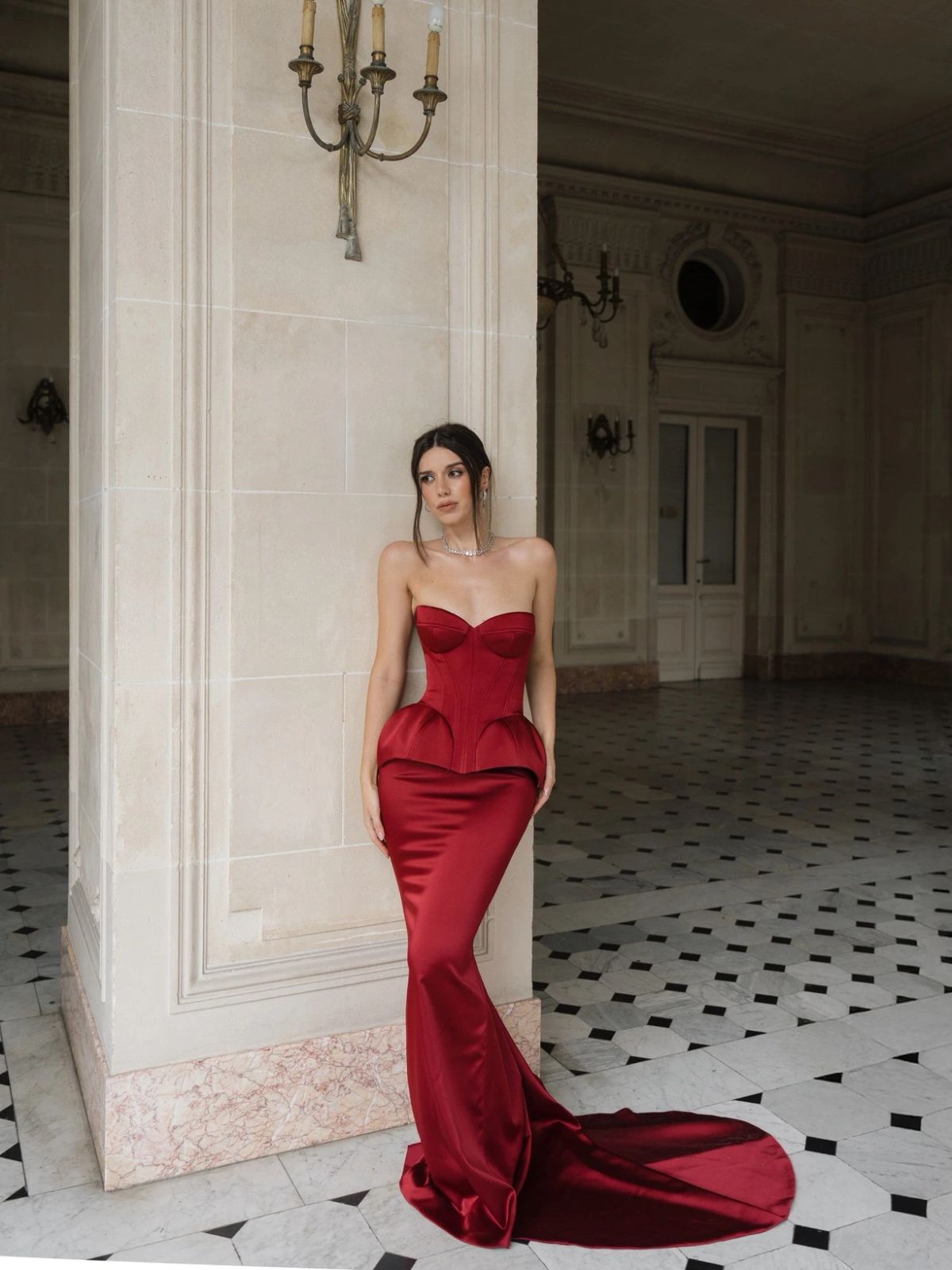 Red Satin Mermaid Gown with Dramatic Peplum and Train Red Satin Mermaid Gown with Dramatic Peplum and Train — Mermaid Dresses