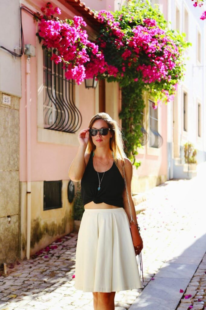 Cream Pleated Midi Skirt with Black Crop Top — Lisbon Outfits