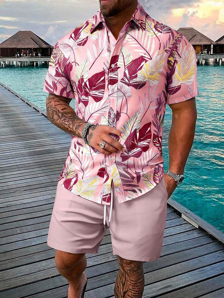Pink Floral Shirt and Shorts Set for a Coordinated Beach Vibe Pink Floral Shirt and Shorts Set for a Coordinated Beach Vibe — Mens Vacation Outfits