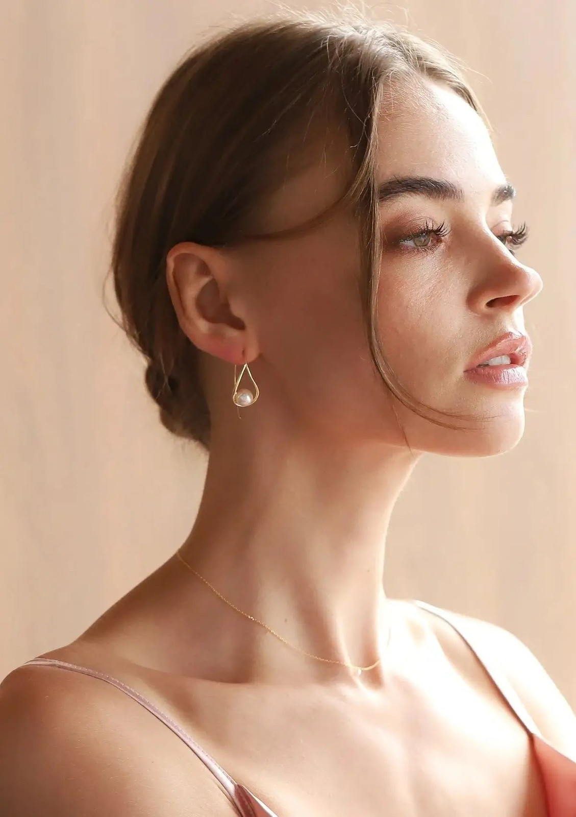 Delicate Pearl Drop Earrings with a Pink Silk Camisole Delicate Pearl Drop Earrings with a Pink Silk Camisole — Pearl Earrings Outfits