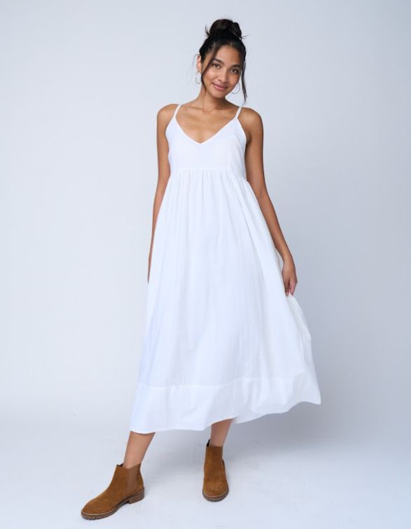 White Spaghetti Strap Dress with Ankle Boots — Hamptons Outfits