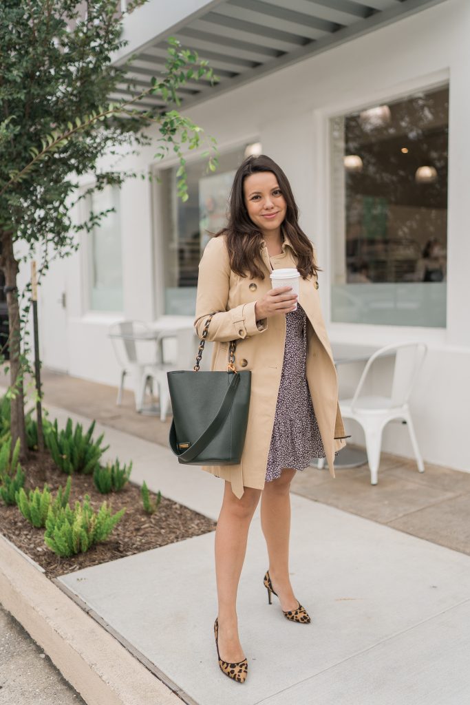 Casual Daytime Brunch Beige Trench Coat with Floral Dress and Leopard Heels — Trench Coat Outfits