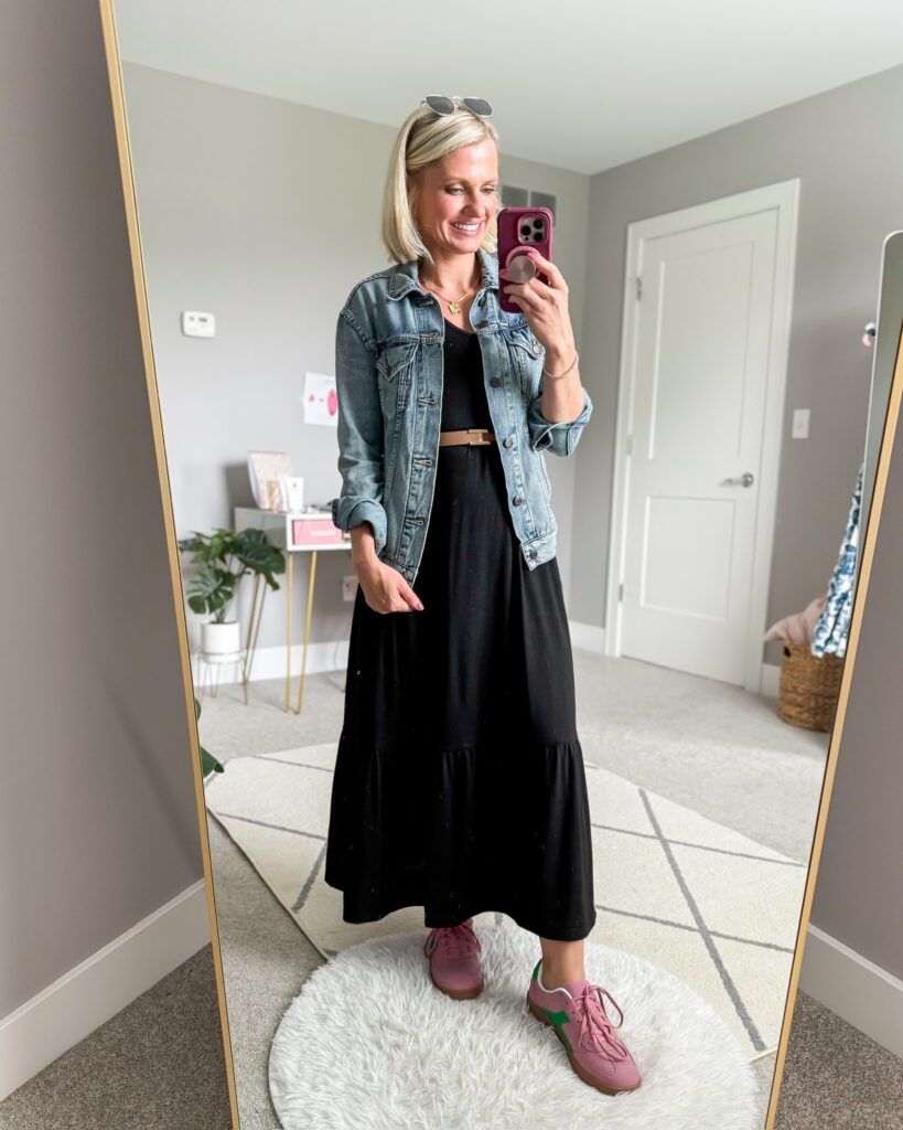 Casual Cool: Denim Jacket over Tiered Maxi Dress Casual Cool: Denim Jacket over Tiered Maxi Dress — Substitute Teacher Outfits