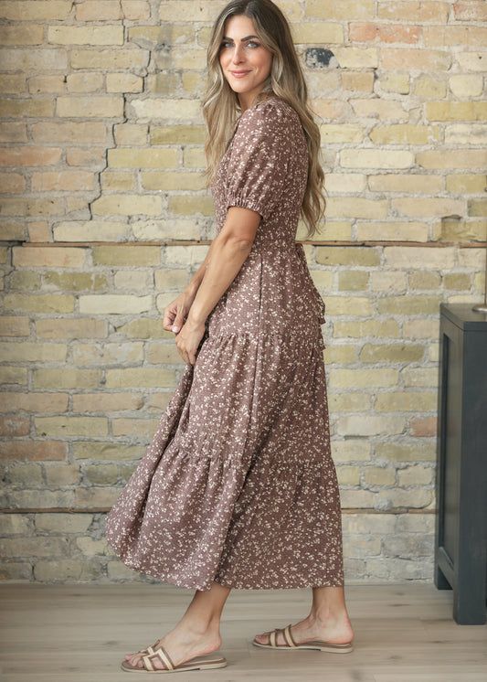 Brown Floral Print Tiered Midi Dress Brown Floral Print Tiered Midi Dress — Church Dresses