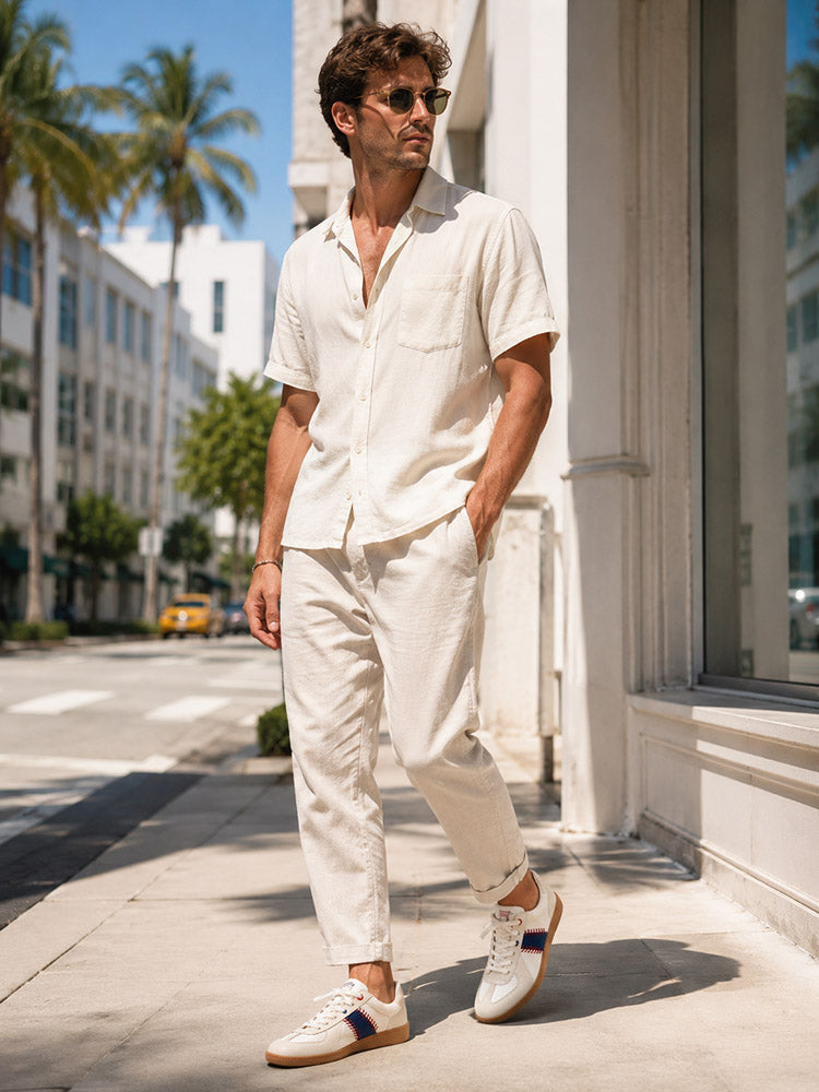 Beige Linen Set for a Sophisticated and Comfortable Vacation Beige Linen Set for a Sophisticated and Comfortable Vacation — Mens Vacation Outfits