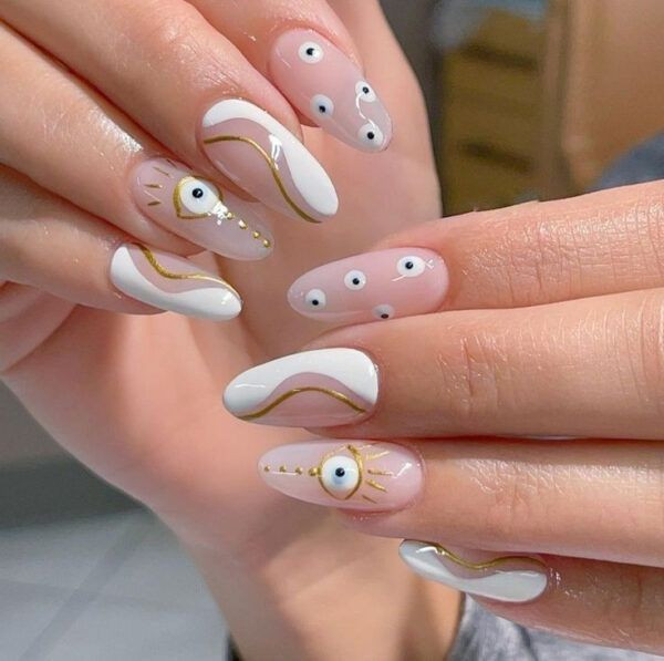 Stylized Evil Eye Motifs Gold Wavy Lines Visual Idea Stylized Evil Eye Motifs Gold Wavy Lines Visual Idea — Evil Eye Nails
