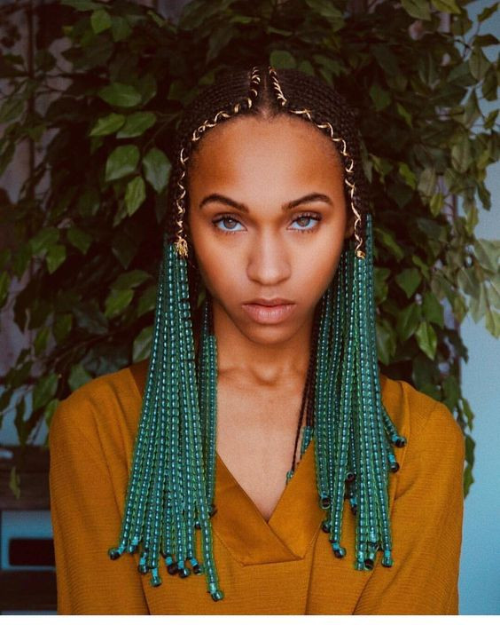 Braids With Green Beads And Gold Threads — Lemonade Braids with Beads