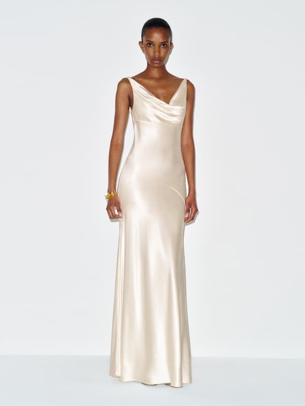 Ivory Satin Slip Gown with Cowl Neckline for Formal Events — Satin Dresses