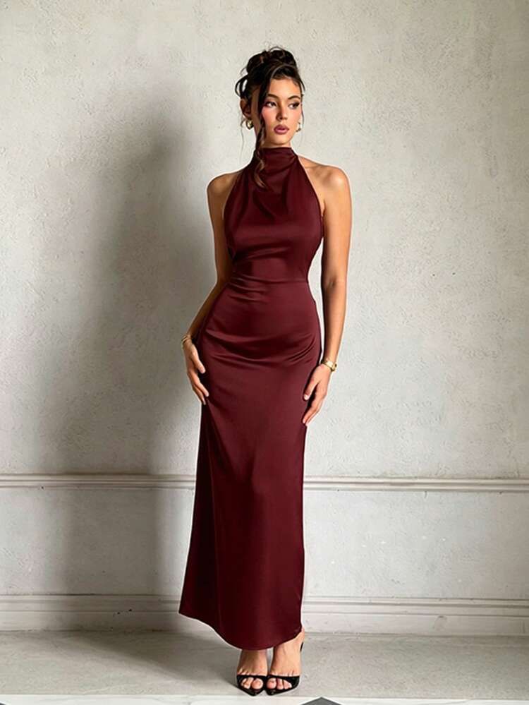 Burgundy Satin Halter Neck Maxi Dress: Open Back Statement Burgundy Satin Halter Neck Maxi Dress: Open Back Statement — Date Night Dresses