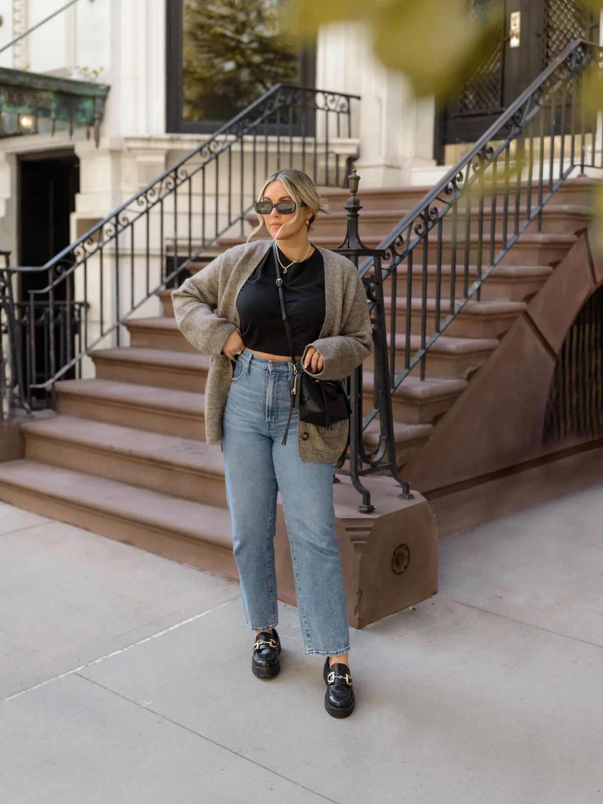 Straight-Leg Jeans and Knit Cardigan with Gold Hardware Loafers — Chunky Loafers Outfits