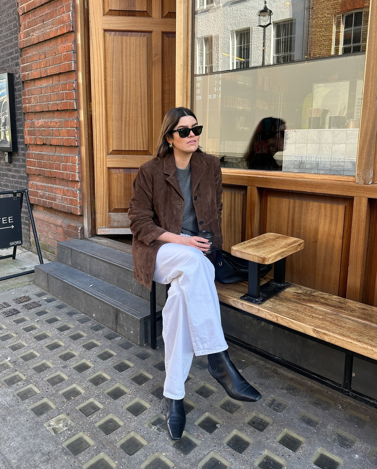 Cozy Layers: Suede Jacket and Grey Sweater Cozy Layers: Suede Jacket and Grey Sweater — White Jeans Outfits