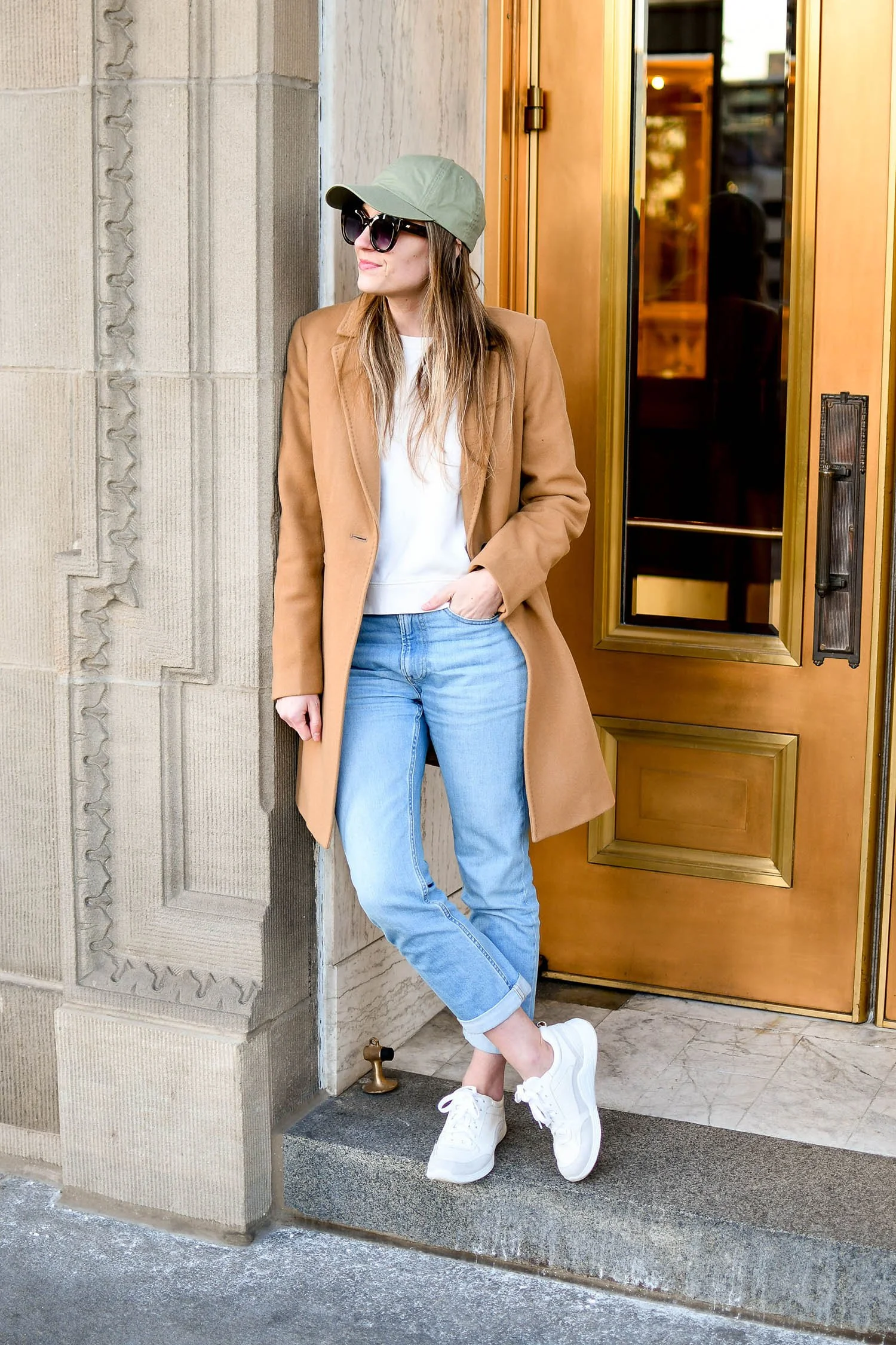Polished Ensemble: Camel Coat, Jeans, and White Sneakers Polished Ensemble: Camel Coat, Jeans, and White Sneakers — Sneakers Outfits