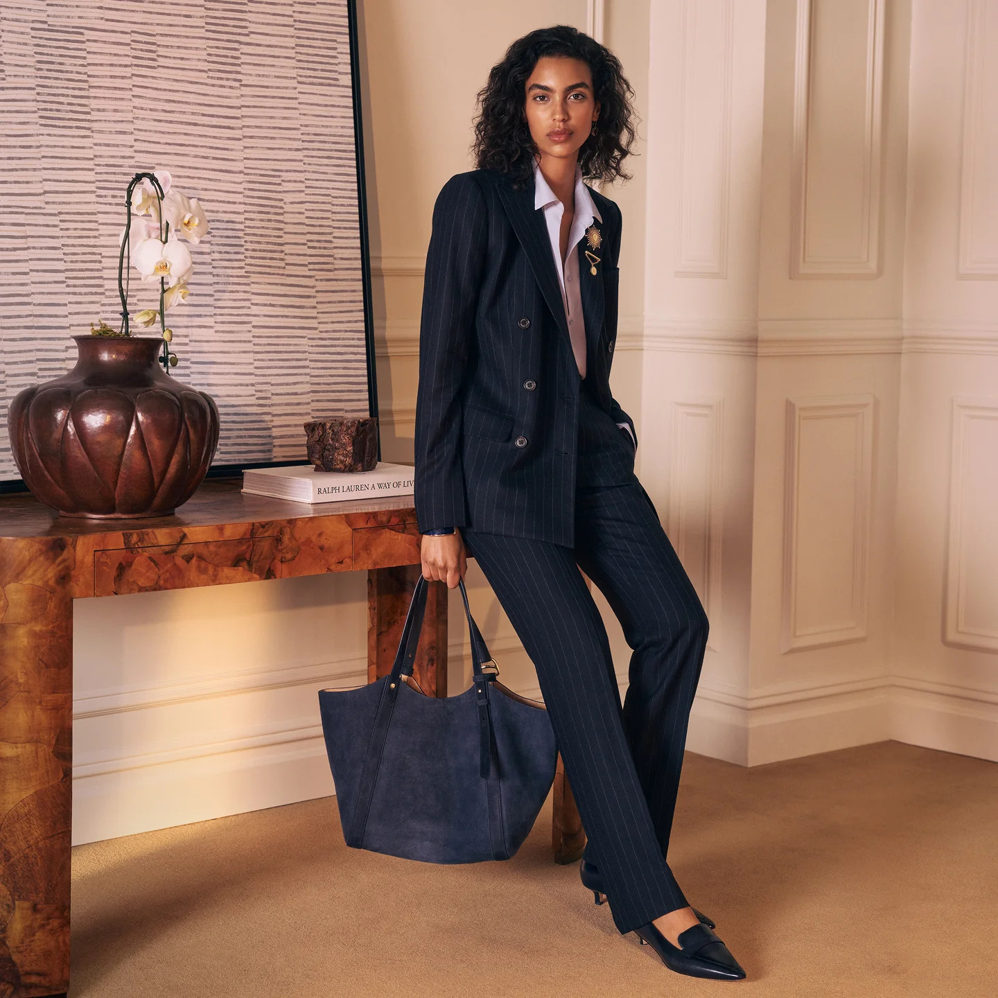Polished Professional: Pinstripe Suit with Gold Accents — Ralph Lauren Outfits