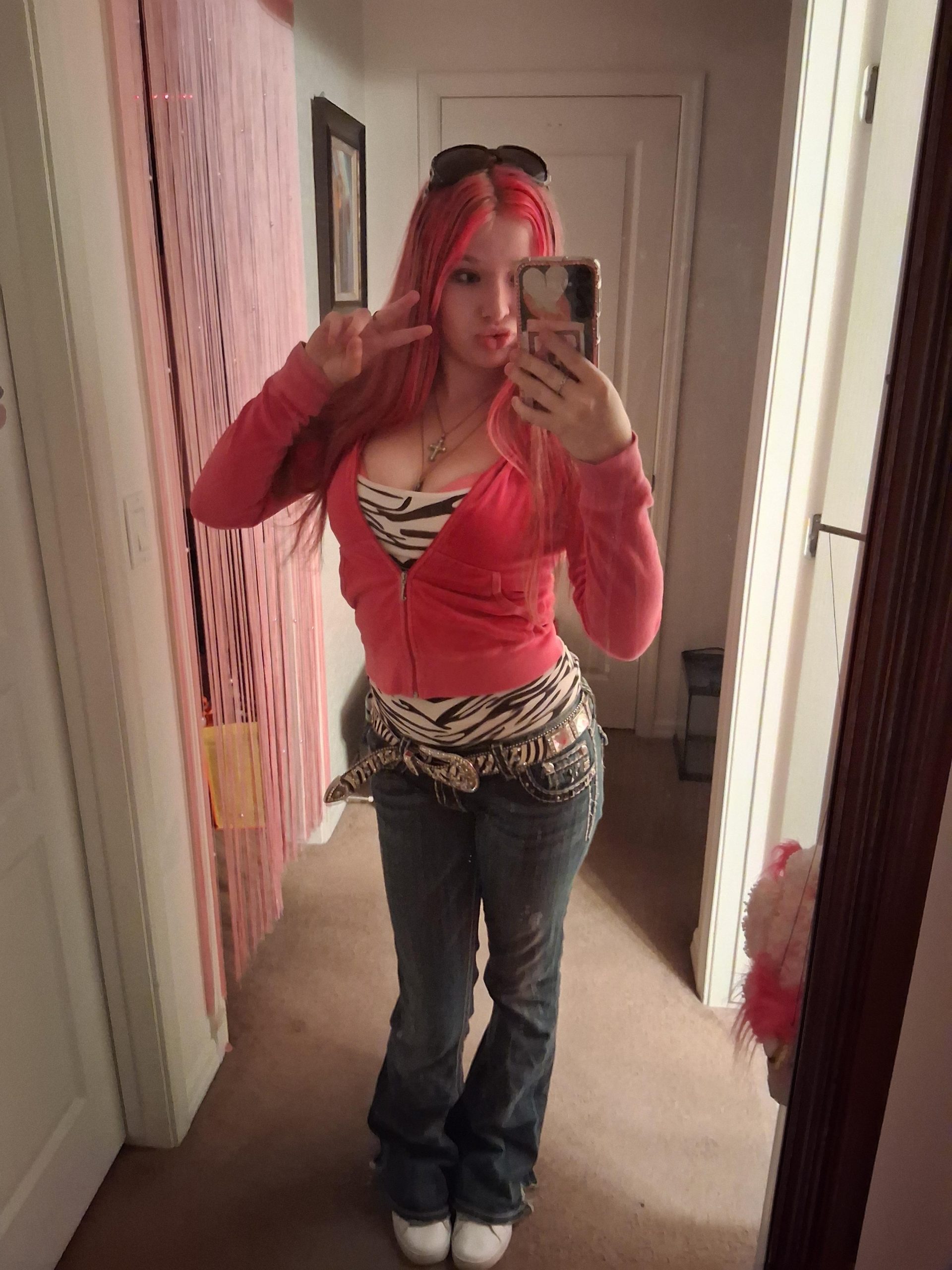 Pink Velour Hoodie Meets Zebra Print: Flared Jeans Style Pink Velour Hoodie Meets Zebra Print: Flared Jeans Style — McBling Outfits