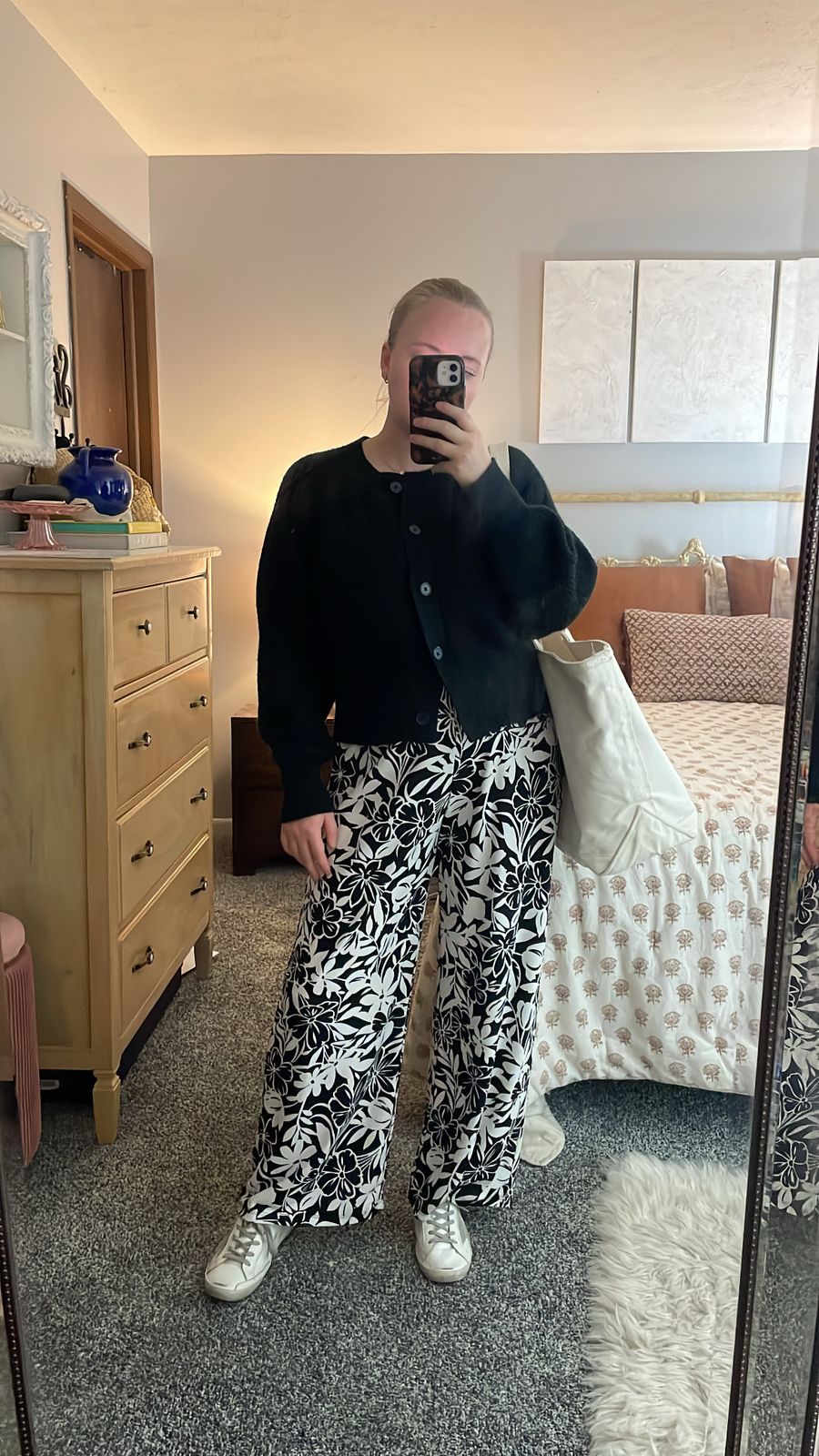 Bold Floral Pants with Black Knit Cardigan — Long Flight Outfits