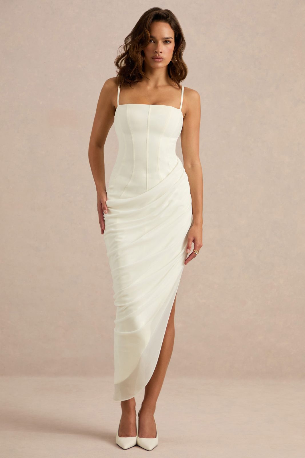 Ivory Chiffon Midi Dress with Draped Skirt and Slit Ivory Chiffon Midi Dress with Draped Skirt and Slit — Square Neck Dresses