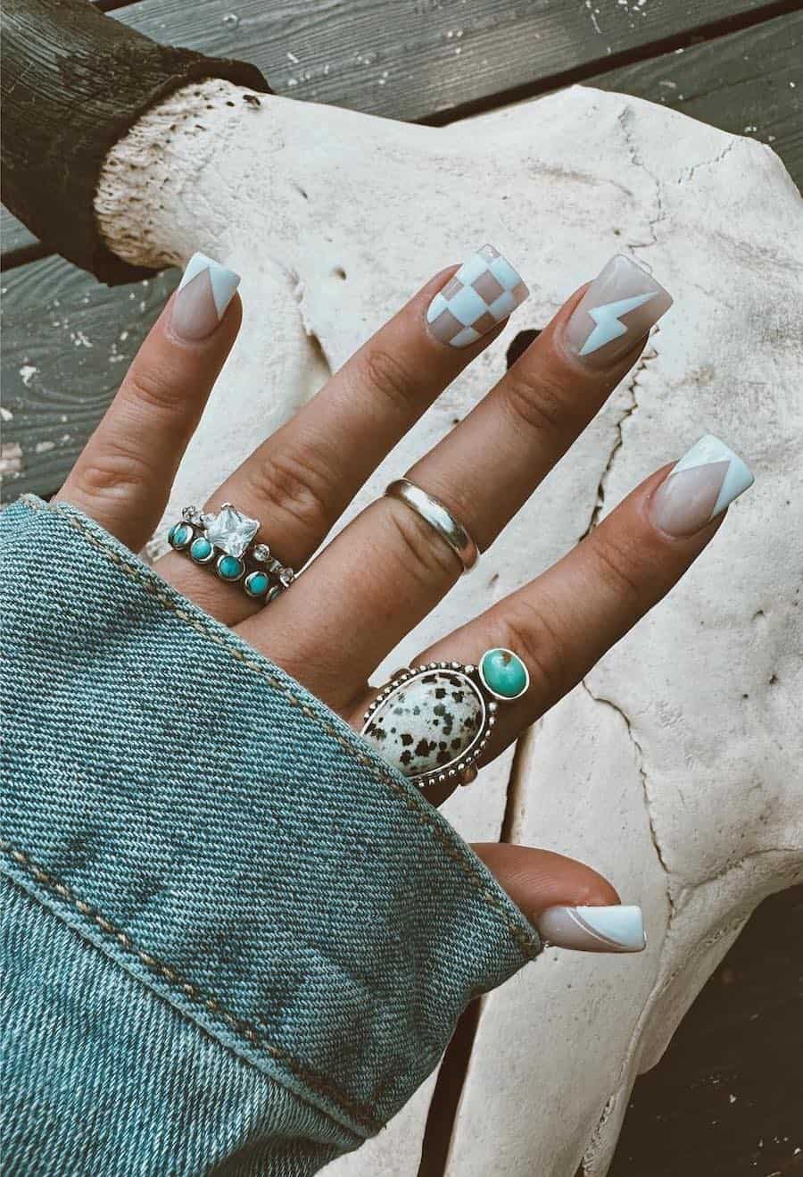 Medium Square Geometric Patterns and Lightning — Western Nails