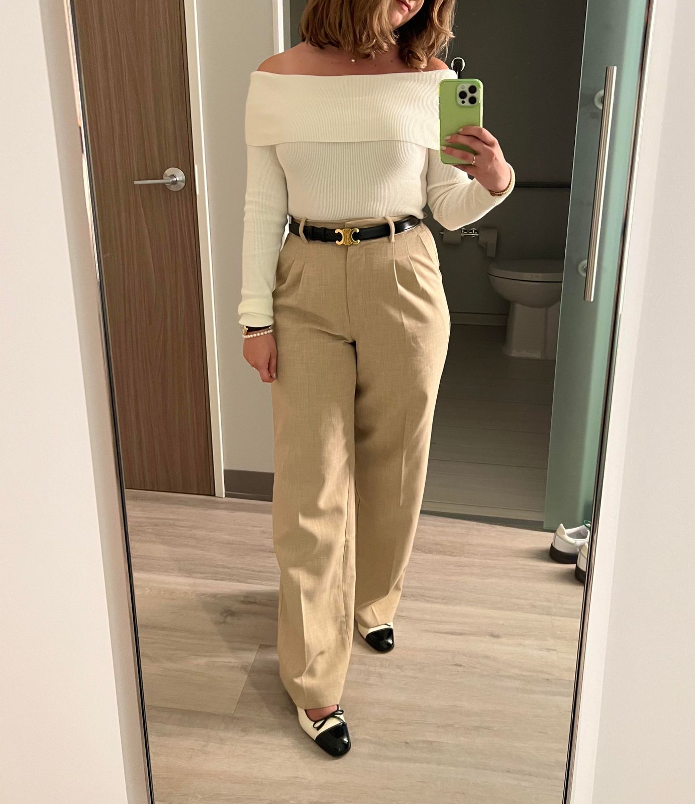 Chic Neutrals: Off-the-Shoulder Top with Wide-Leg Pants Chic Neutrals: Off-the-Shoulder Top with Wide-Leg Pants — Substitute Teacher Outfits