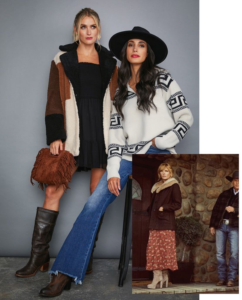 Colorblock Faux Fur Jacket Over Strapless Dress and Flared Jeans Colorblock Faux Fur Jacket Over Strapless Dress and Flared Jeans — Yellowstone Outfits