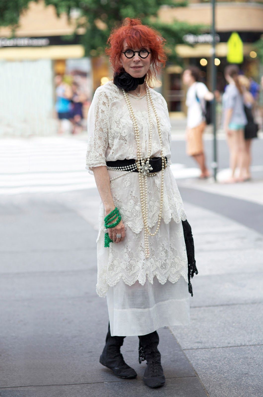 Boho Chic: White Lace Dress with Pearls and Boots — Grandma Outfits