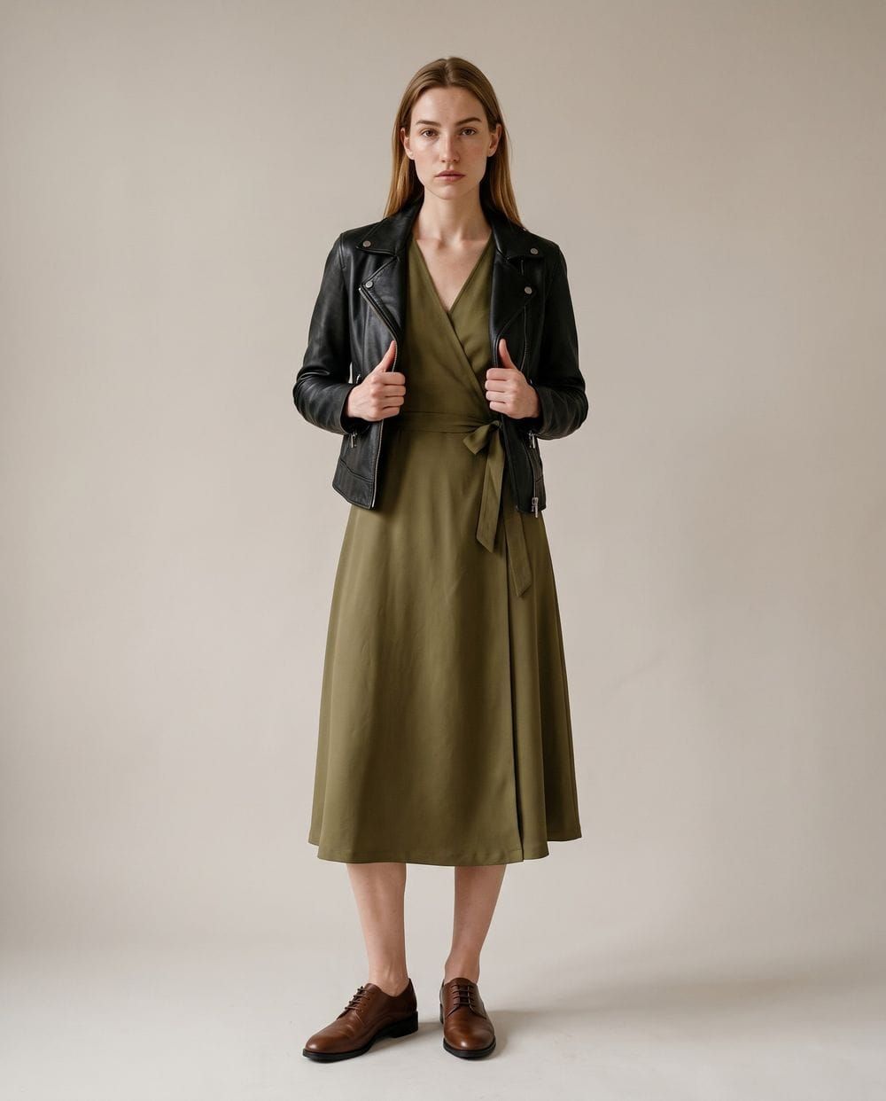 Smart Casual Edge with a Leather Jacket and Olive Wrap Dress — Wrap Dress Outfits