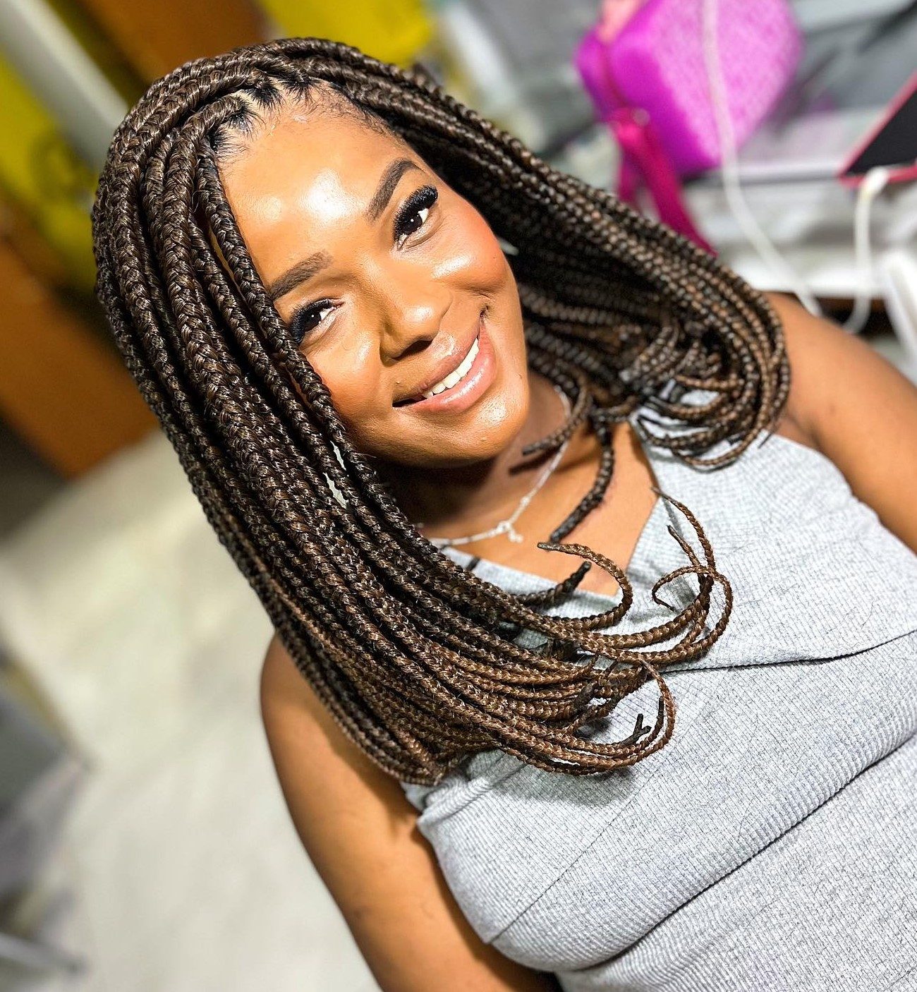 Mid-Back Voluminous Box Braids with Curly Ends Mid-Back Voluminous Box Braids with Curly Ends — Braids for Medium Hair