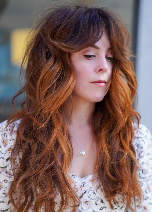 Mid-Back Dark Brown Warm Highlights Waves — Long Hair with Bangs