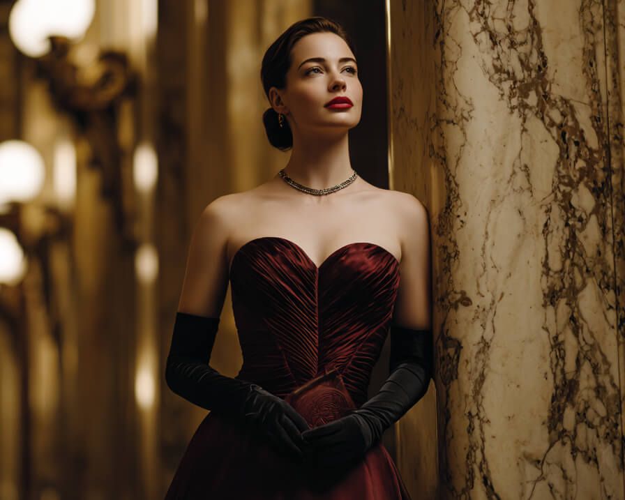 Strapless Burgundy Satin Gown with Long Black Gloves Strapless Burgundy Satin Gown with Long Black Gloves — Opera Outfits