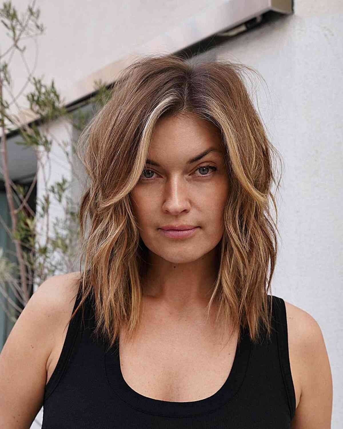 Medium Brown Soft Wavy Lob — Collarbone Length Hair
