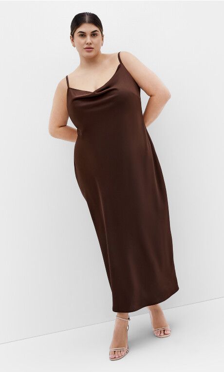 Brown Satin Midi Slip Dress with Cowl Neck — Satin Dress Outfits