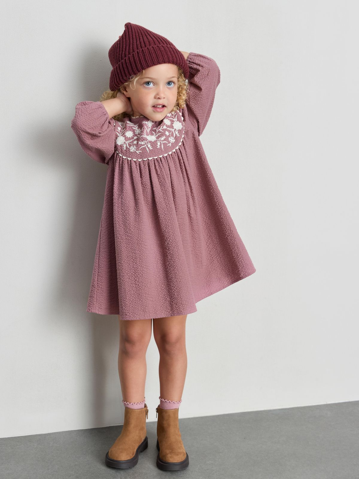Rose Pink Textured A-Line with Embroidered Neckline Rose Pink Textured A-Line with Embroidered Neckline — Little Girl Dresses