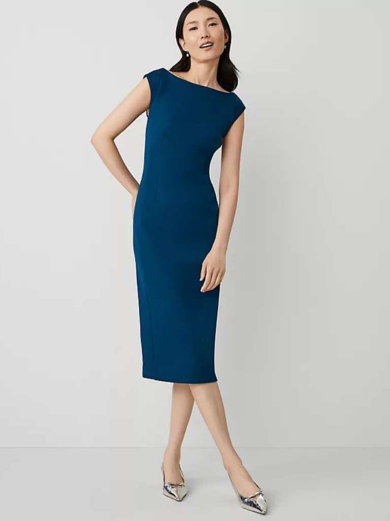 Teal Blue Sheath Dress with Boat Neckline for a Classic Look — Work Dresses