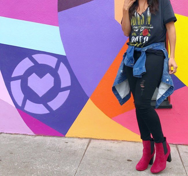 Band Tee with Distressed Jeans and Pink Suede Boots — Band Tee Outfits