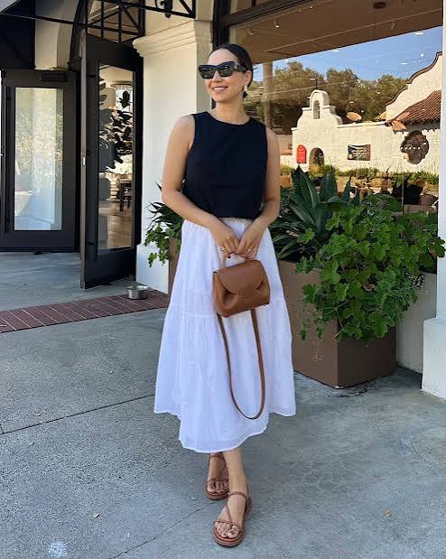 White Tiered Midi Skirt with a Black Sleeveless Top — Midi Skirt Outfits