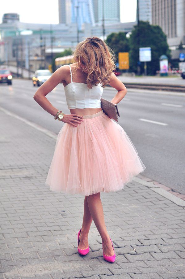 Party Ready: Pink Tulle Skirt with a White Crop Top — Tulle Skirt Outfits