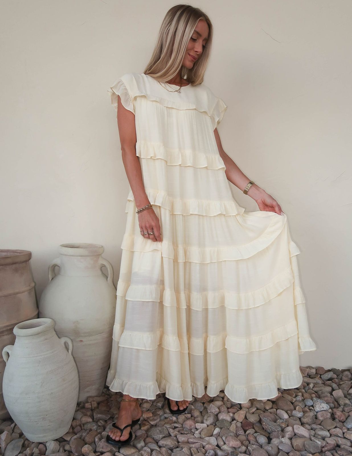Chic Cream Tiered Maxi Dress for Daytime Events — Tiered Dresses