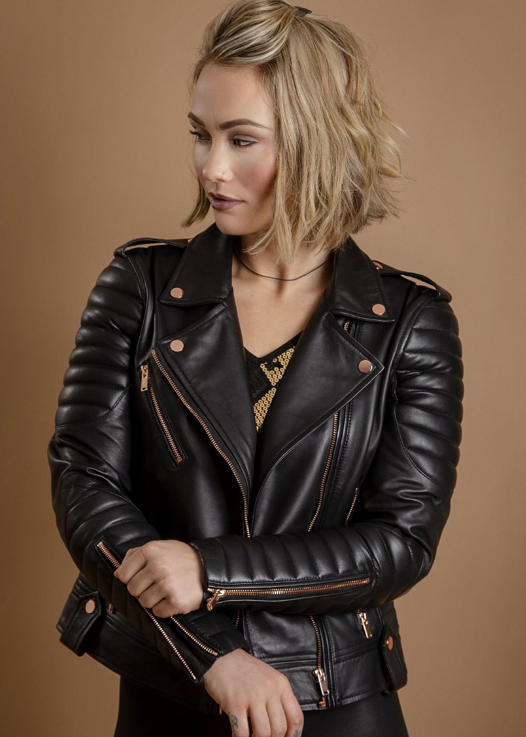 Fitted Black Leather Moto Jacket with Rose Gold Hardware Fitted Black Leather Moto Jacket with Rose Gold Hardware — Leather Jackets