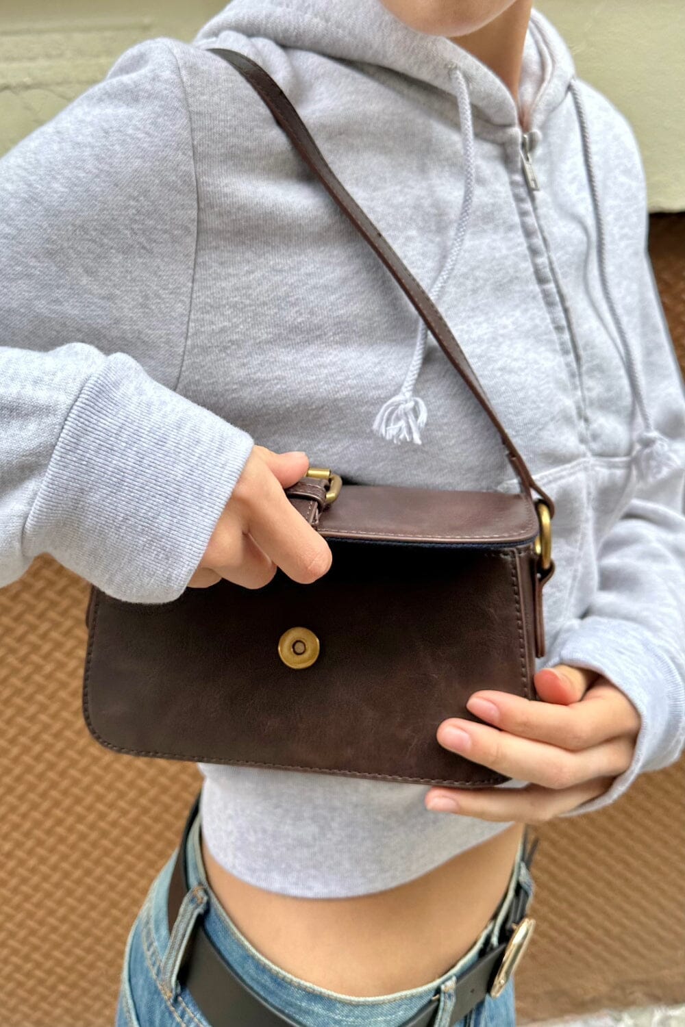 Grey Hoodie and Crop Top with Classic Brown Shoulder Bag Grey Hoodie and Crop Top with Classic Brown Shoulder Bag — Shoulder Bags