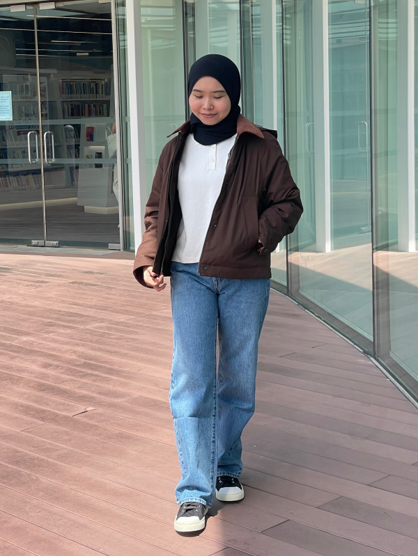 Casual Friday: Brown Jacket and Blue Jeans with Black Hijab — Hijab Work Outfits