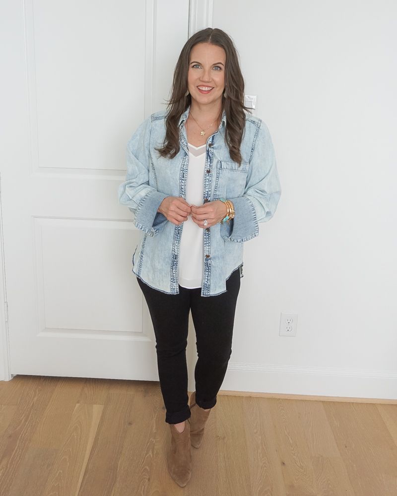 Denim Shacket over White Tee with Black Jeans and Brown Boots Denim Shacket over White Tee with Black Jeans and Brown Boots — Texas Outfits