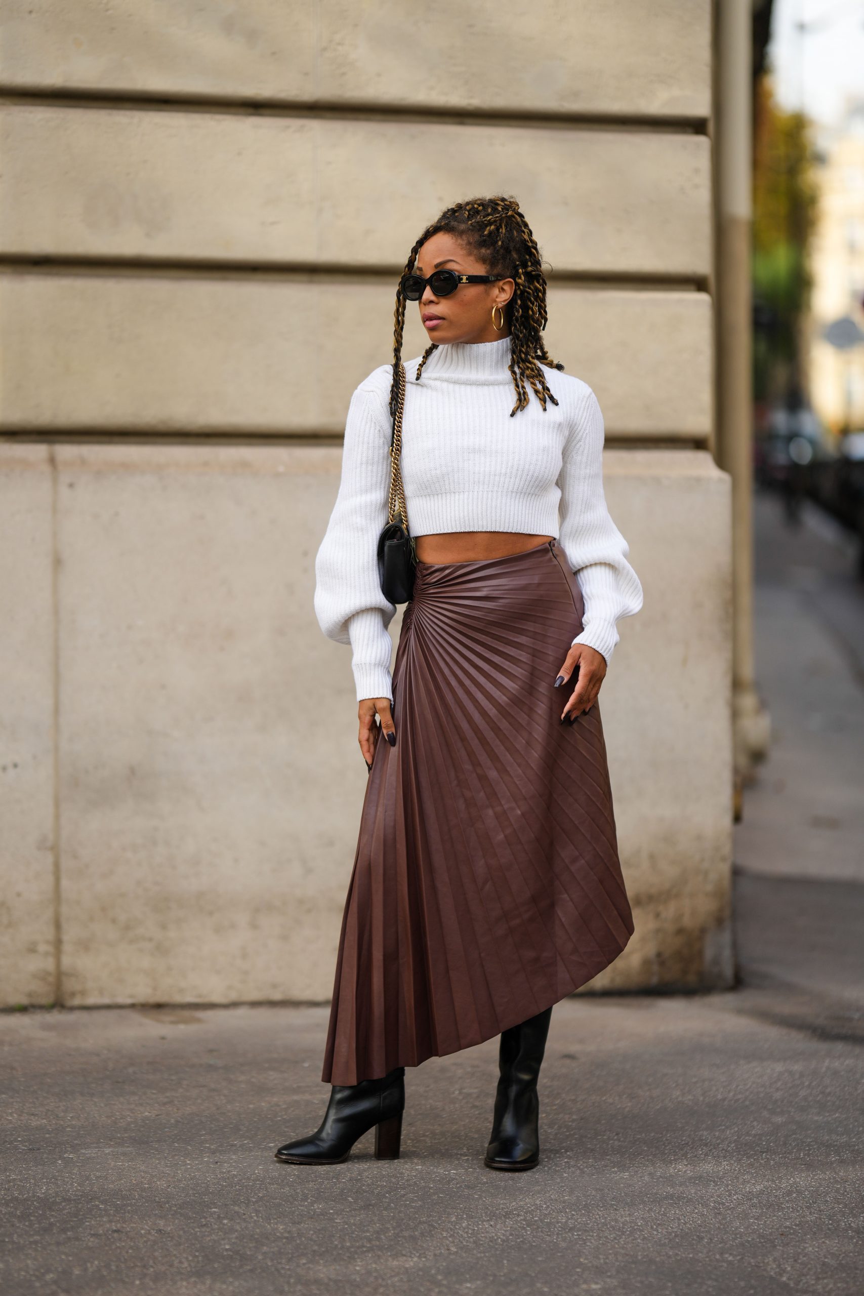 Faux Leather Pleated Midi Skirt with Turtleneck Sweater — Long Skirt Outfits