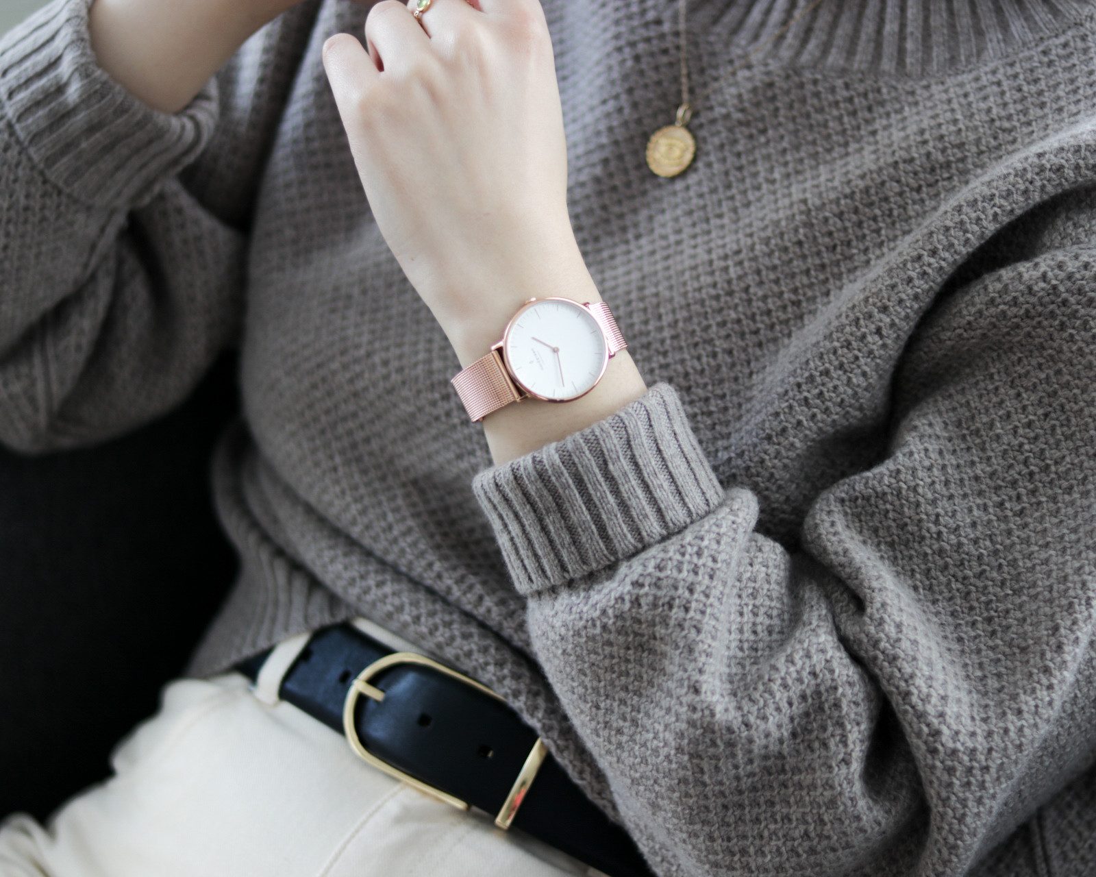 Rose Gold Mesh Watch with Knit Sweater — Gold Watches for Women