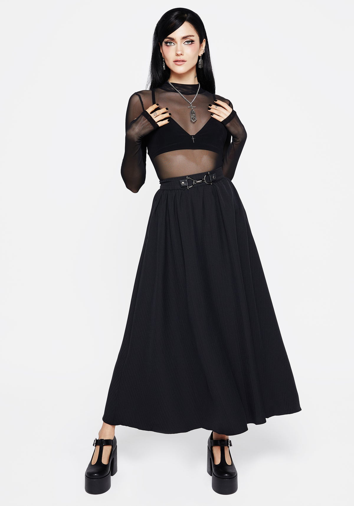 Mesh Top Layered Over a Bra with Midi Skirt — Dark Feminine Outfits